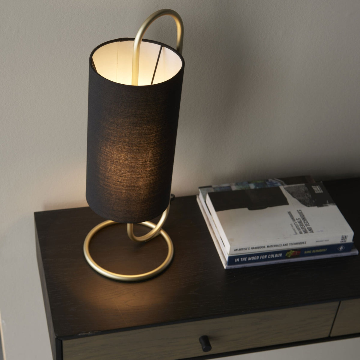 Klip Table Lamp in Antique Brass with Black Fabric Shade