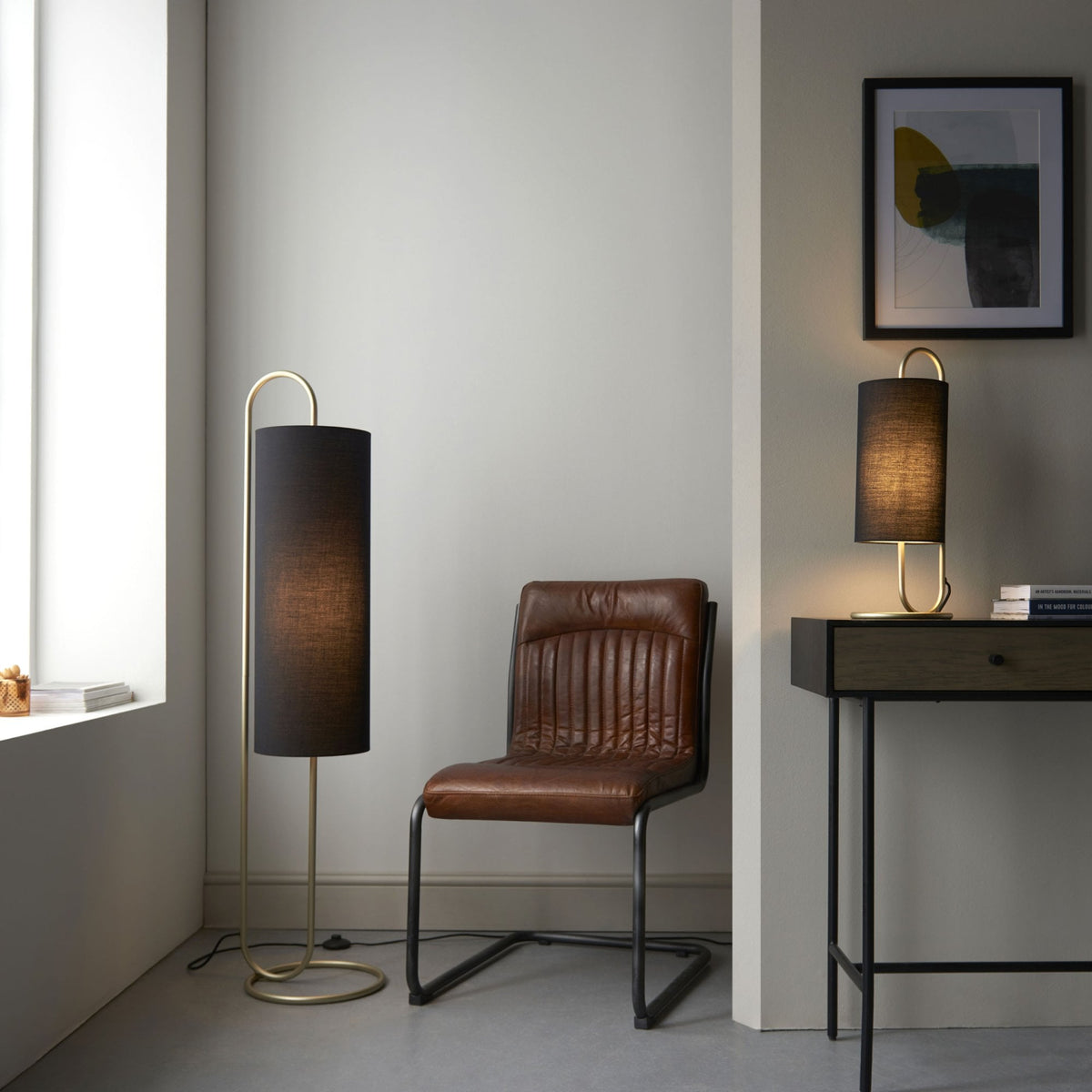 Klip Table Lamp in Antique Brass with Black Fabric Shade