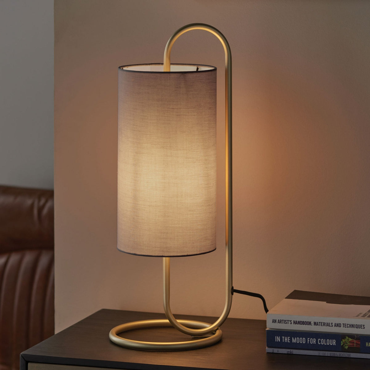 Klip Table Lamp in Antique Brass with Grey Fabric Shade