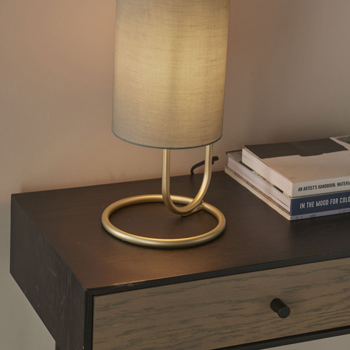 Klip Table Lamp in Antique Brass with Grey Fabric Shade
