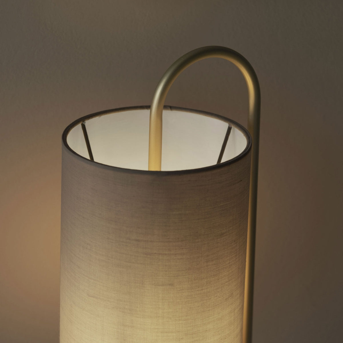 Klip Table Lamp in Antique Brass with Grey Fabric Shade
