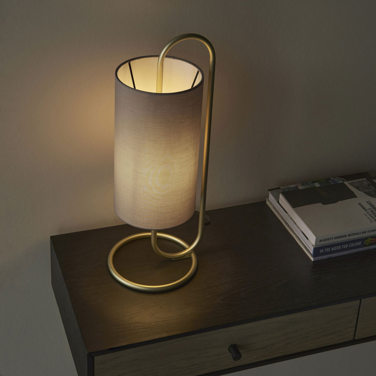 Klip Table Lamp in Antique Brass with Grey Fabric Shade