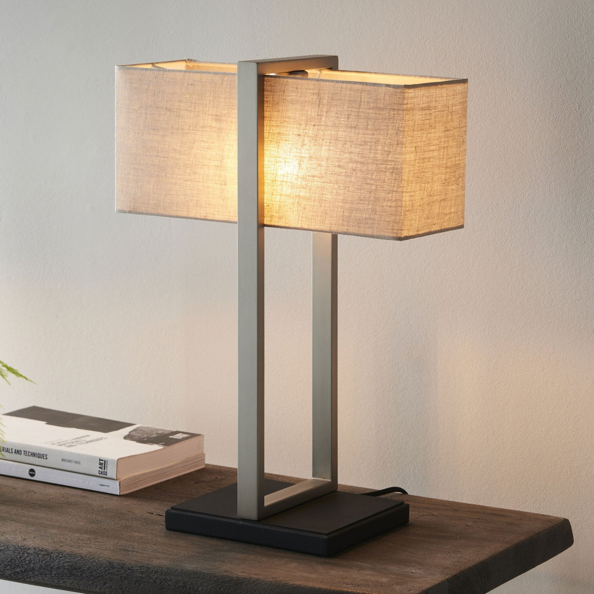 Herringston Table Lamp in Satin Nickel with Natural Linen Shade
