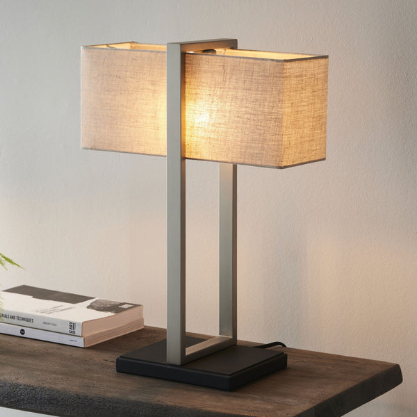 Herringston Table Lamp in Satin Nickel with Natural Linen Shade