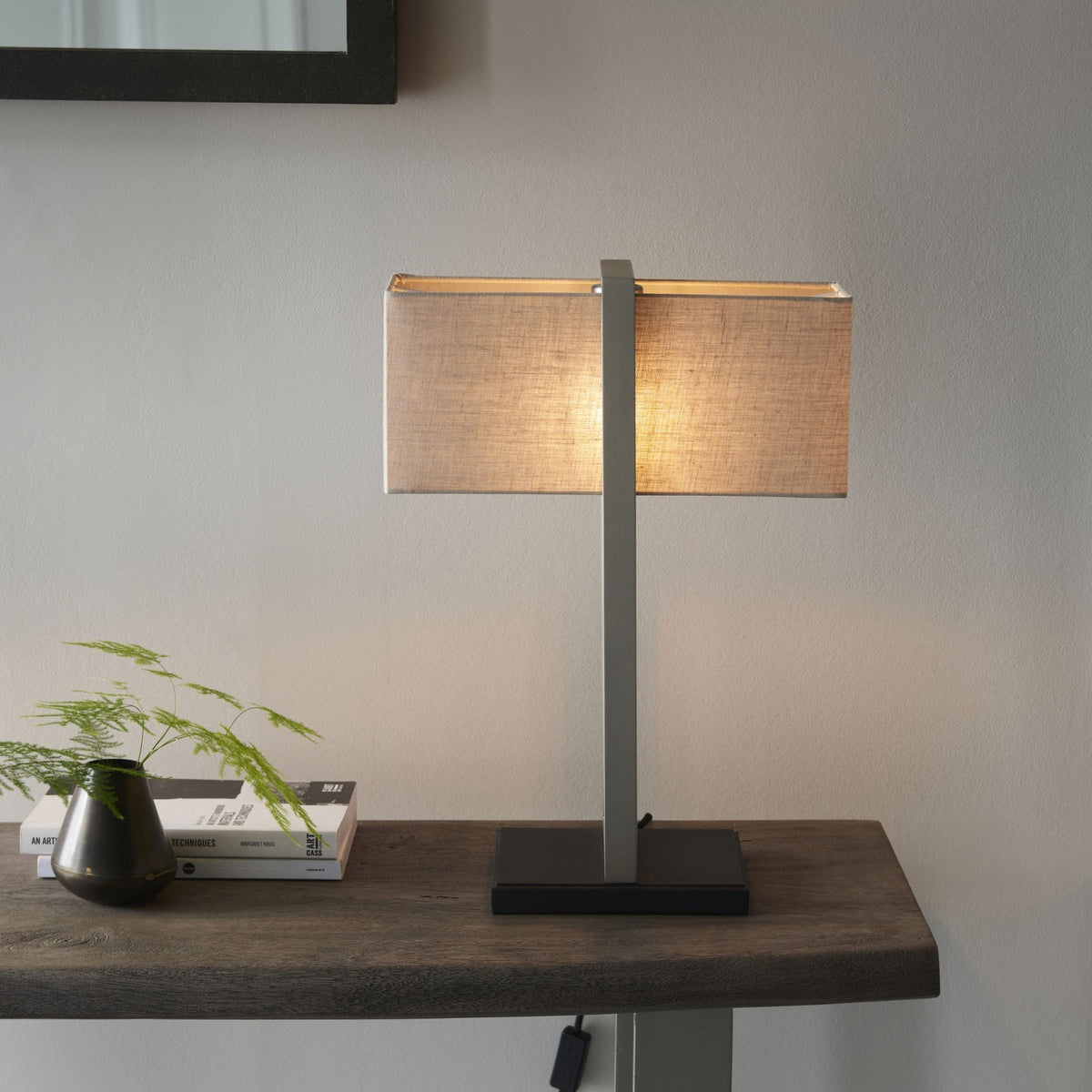 Herringston Table Lamp in Satin Nickel with Natural Linen Shade
