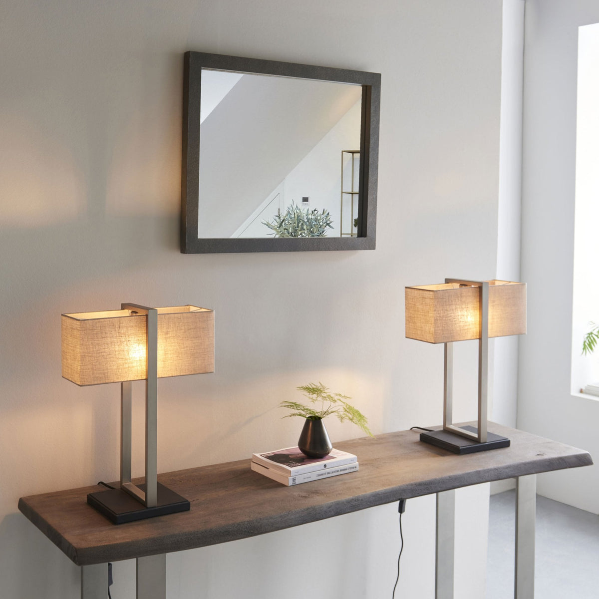 Herringston Table Lamp in Satin Nickel with Natural Linen Shade