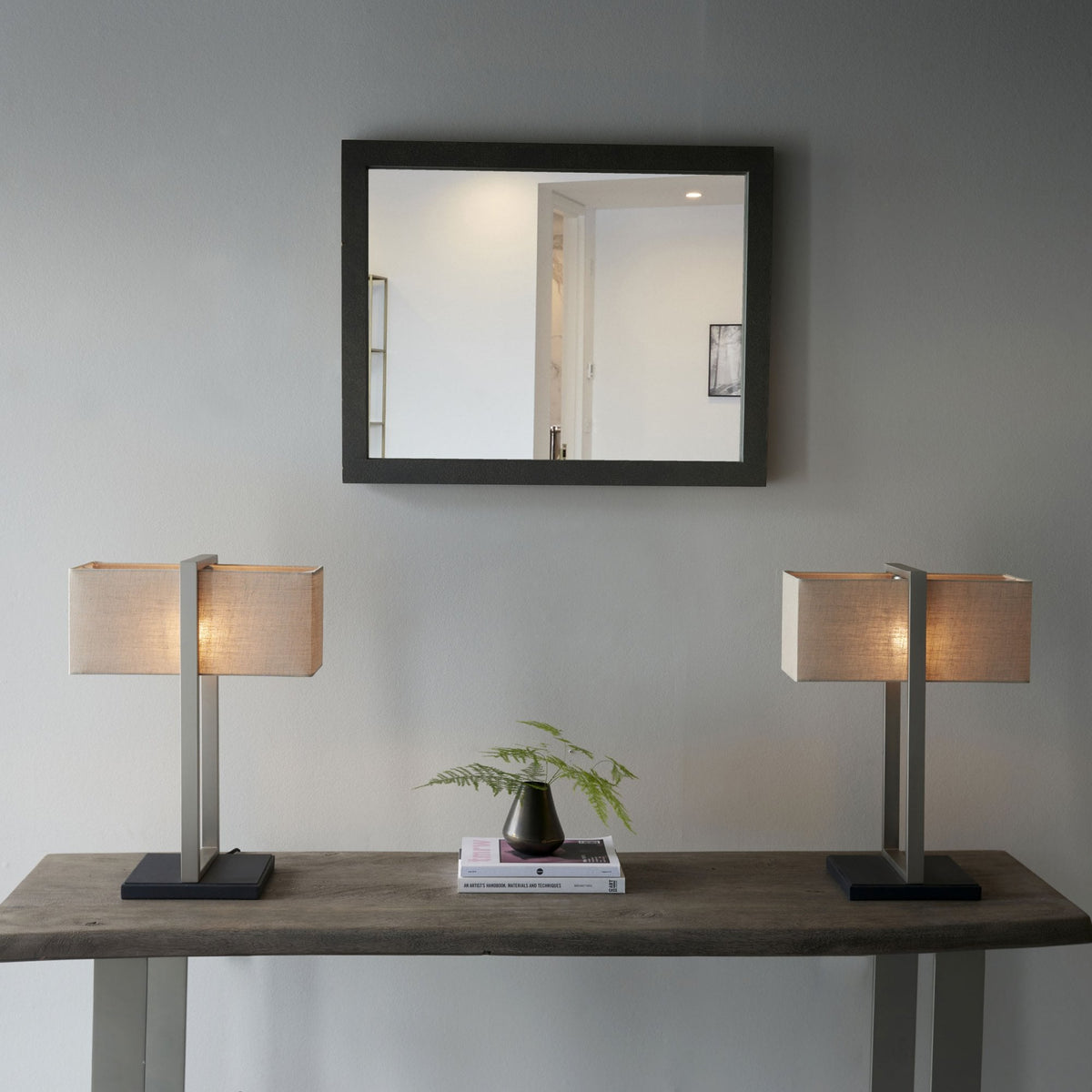 Herringston Table Lamp in Satin Nickel with Natural Linen Shade