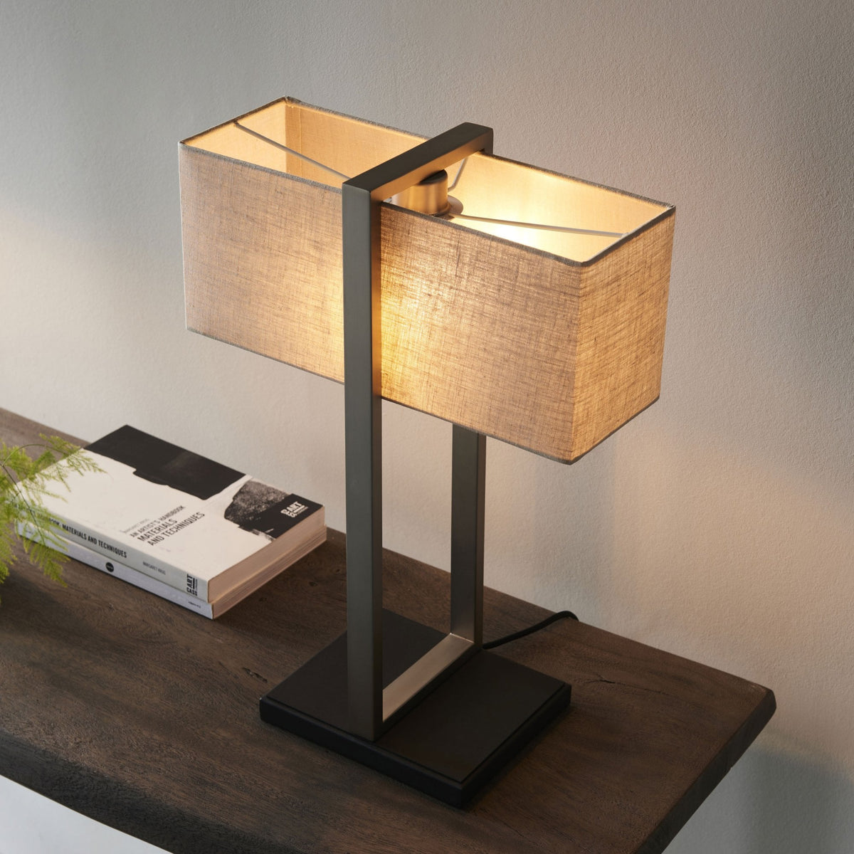 Herringston Table Lamp in Satin Nickel with Natural Linen Shade