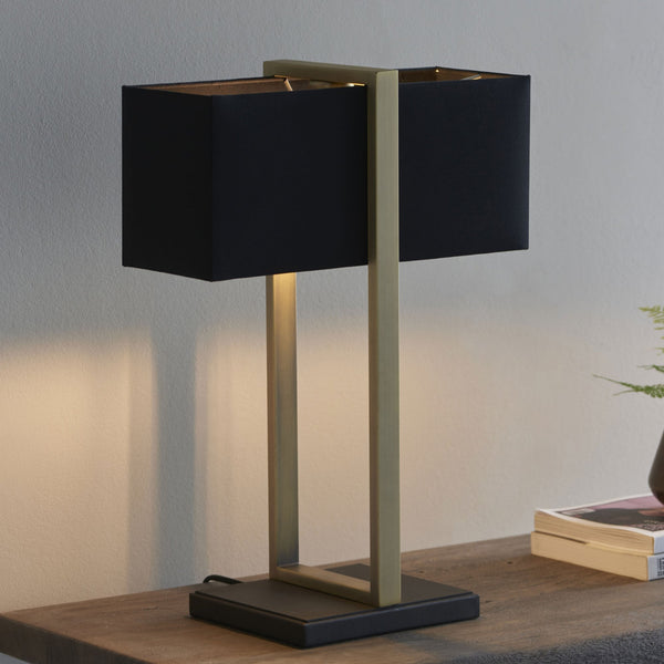 Herringston Table Lamp in Matt Antique Brass with Black Fabric Shade
