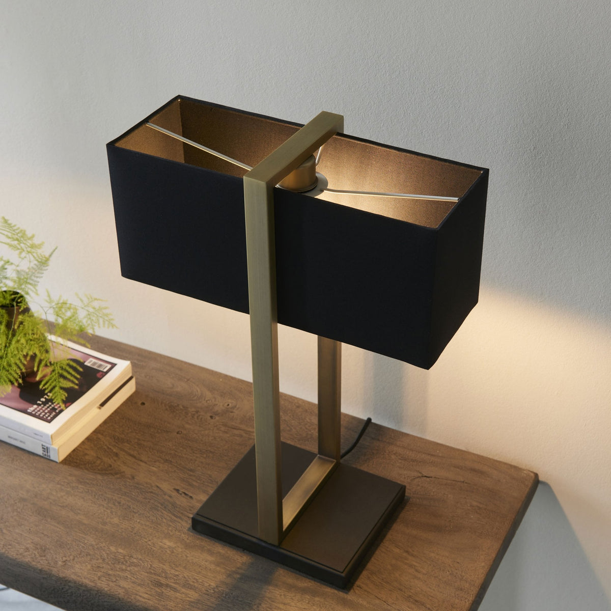 Herringston Table Lamp in Matt Antique Brass with Black Fabric Shade