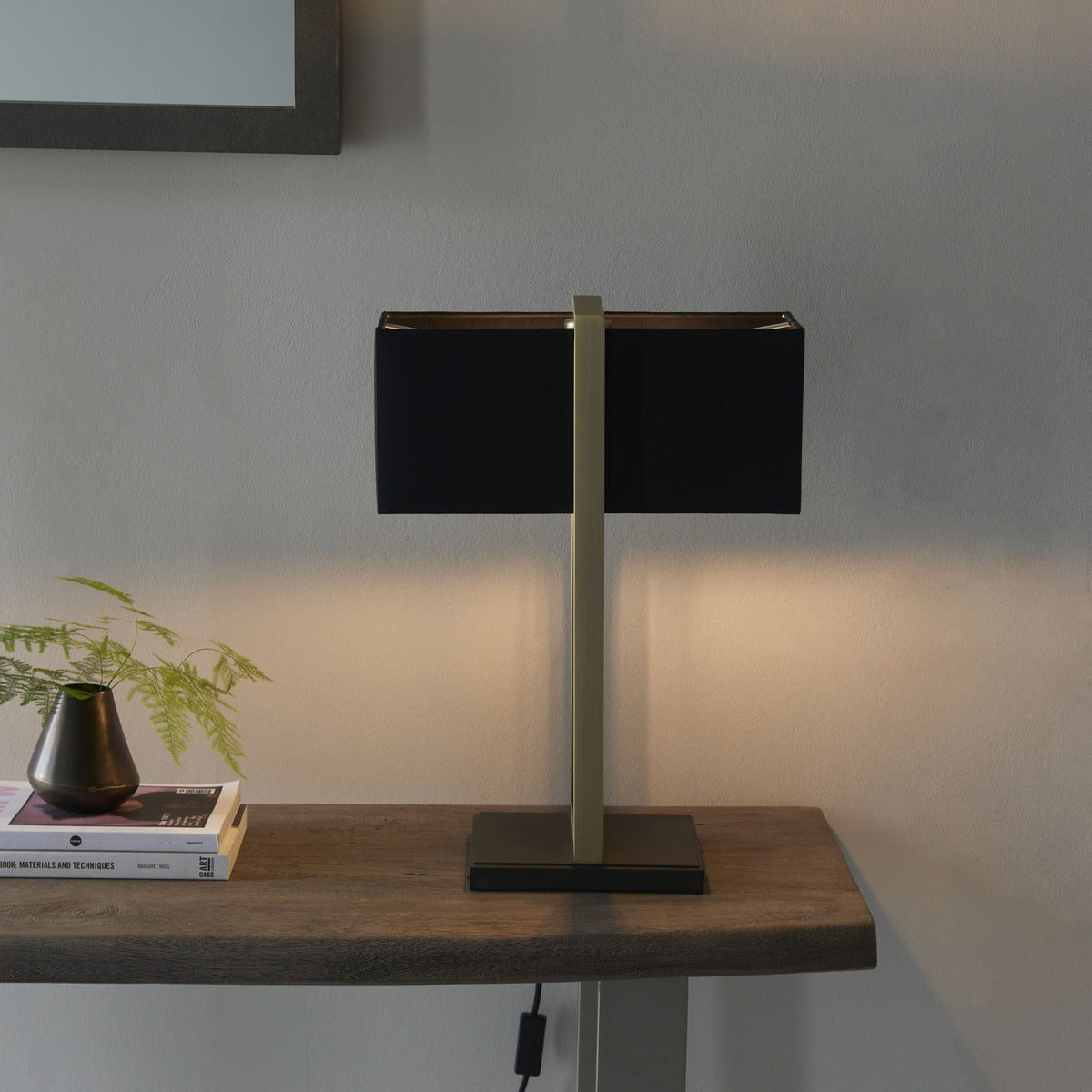Herringston Table Lamp in Matt Antique Brass with Black Fabric Shade