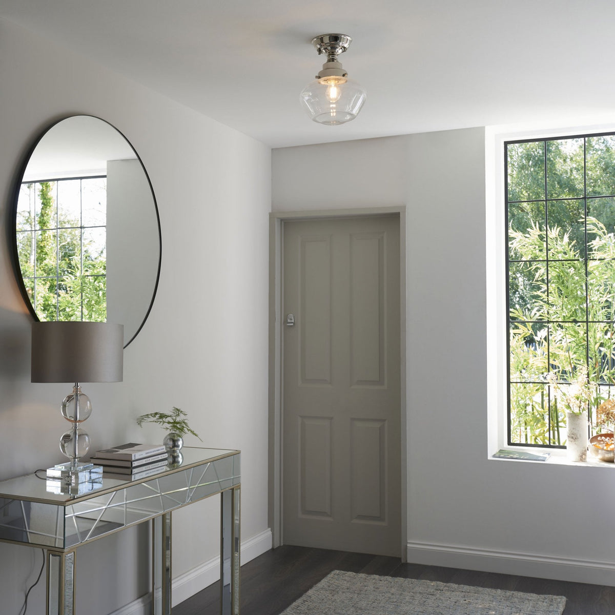 Camberley School House Semi Flush in Polished Nickel & Clear Glass