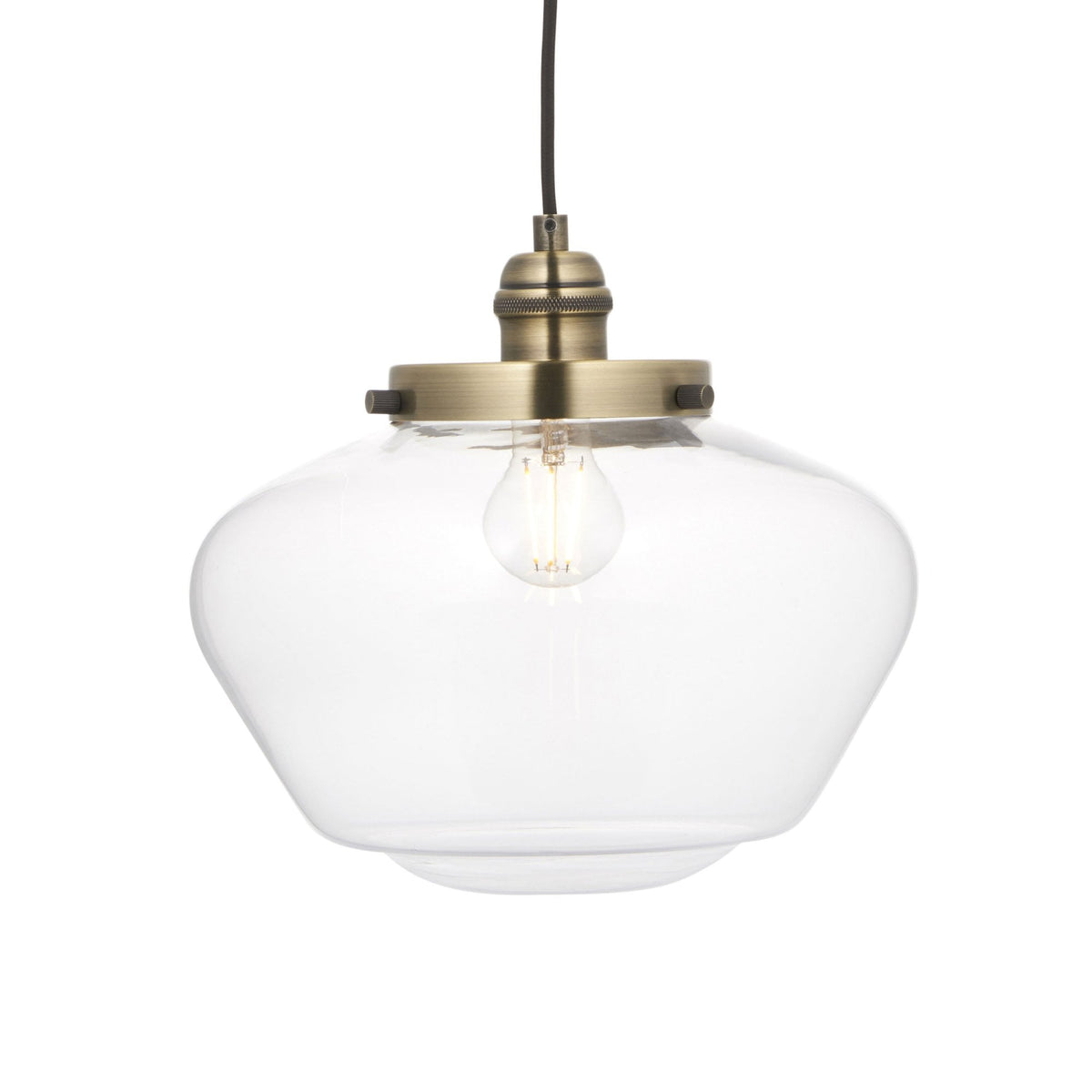 Clear glass pendant light with a brass top and an illuminated bulb, on a white background.