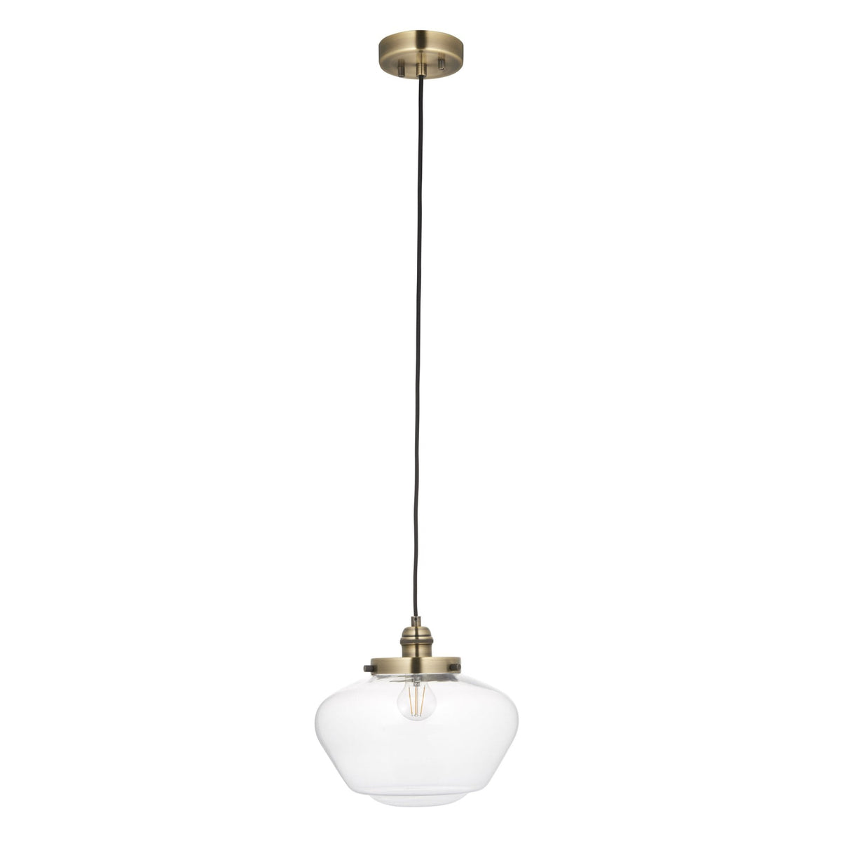 Full view of a clear glass pendant light with a brass fixture, hanging from a black cord.