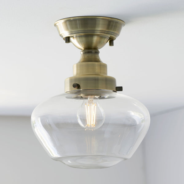 Camberley School House Semi Flush in Antique Brass & Clear Glass