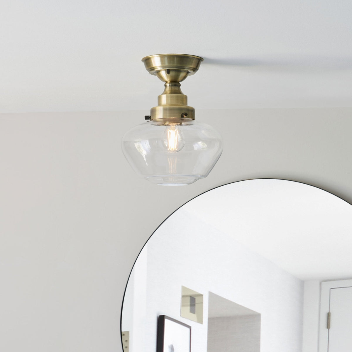 Camberley School House Semi Flush in Antique Brass & Clear Glass