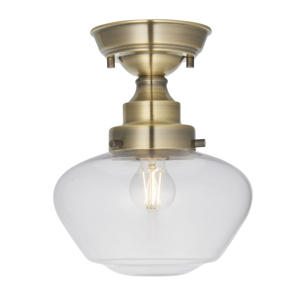Camberley School House Semi Flush in Antique Brass & Clear Glass