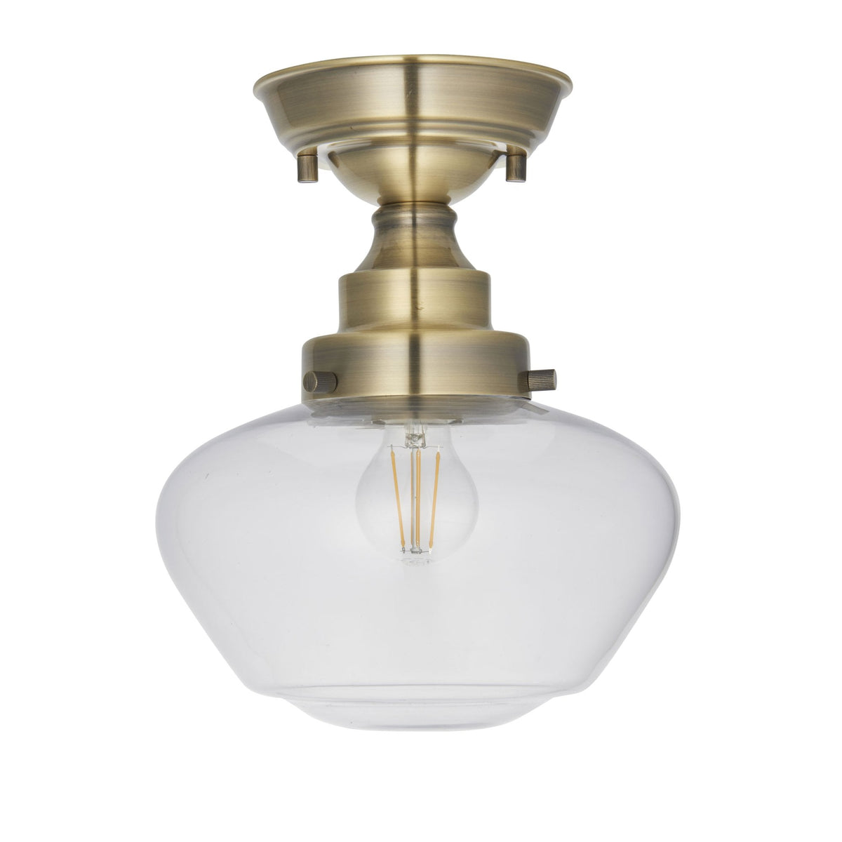 Camberley School House Semi Flush in Antique Brass & Clear Glass