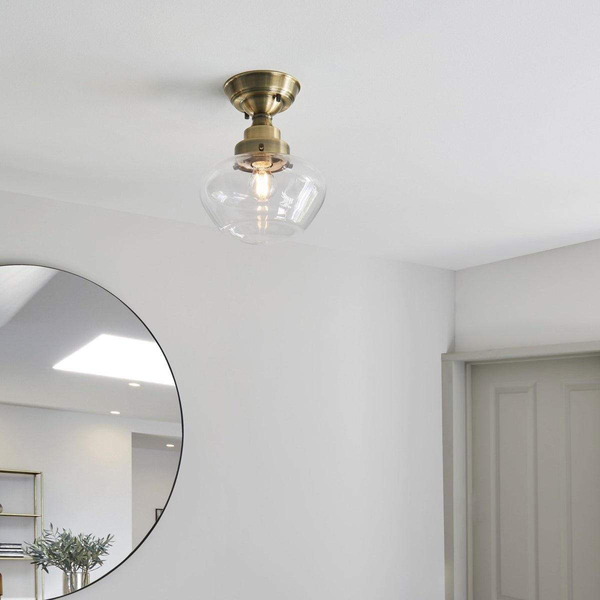 Camberley School House Semi Flush in Antique Brass & Clear Glass