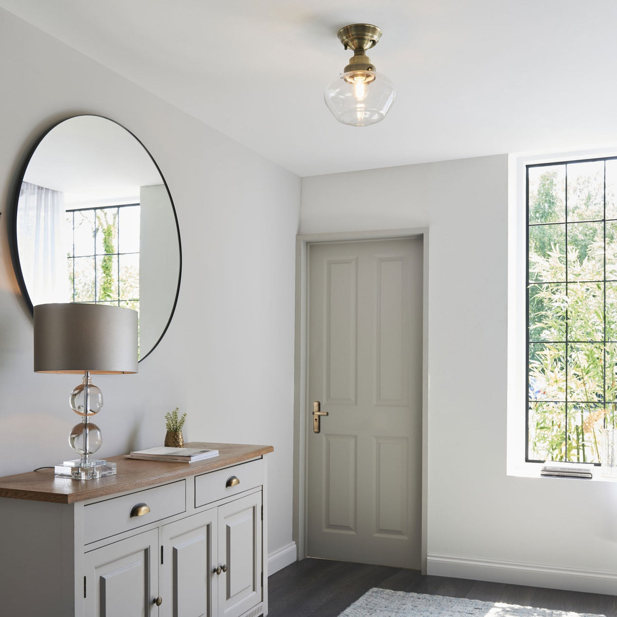 Camberley School House Semi Flush in Antique Brass & Clear Glass