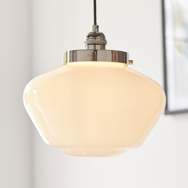 Camberley School House Pendant in Polished Nickel & Opal Glass