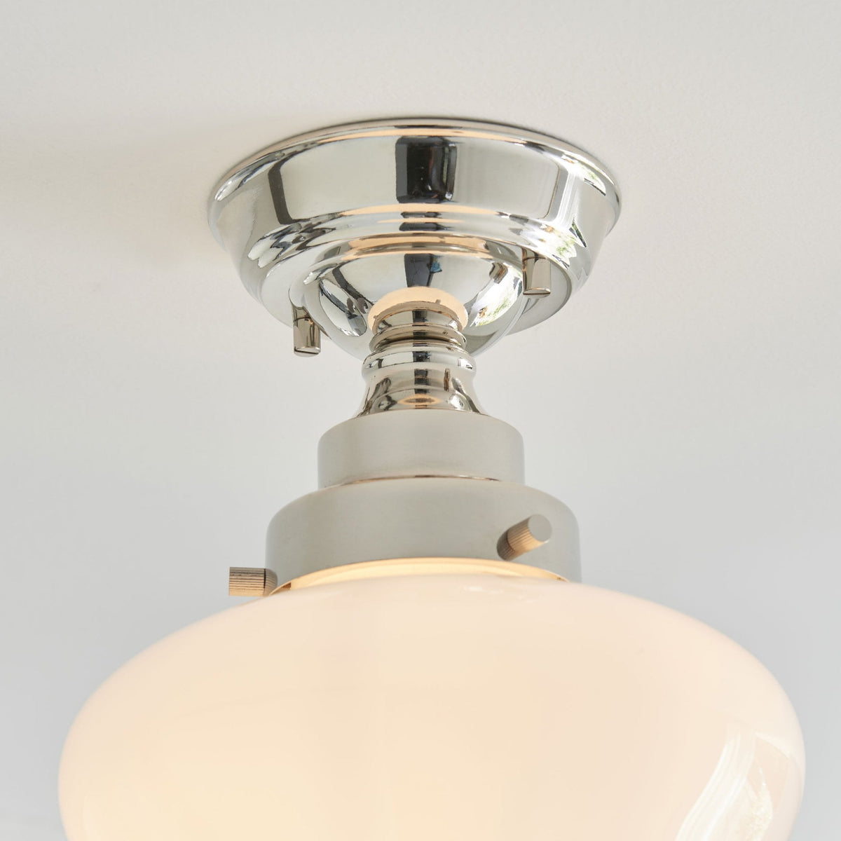 Camberley School House Semi Flush in Polished Nickel & Opal Glass