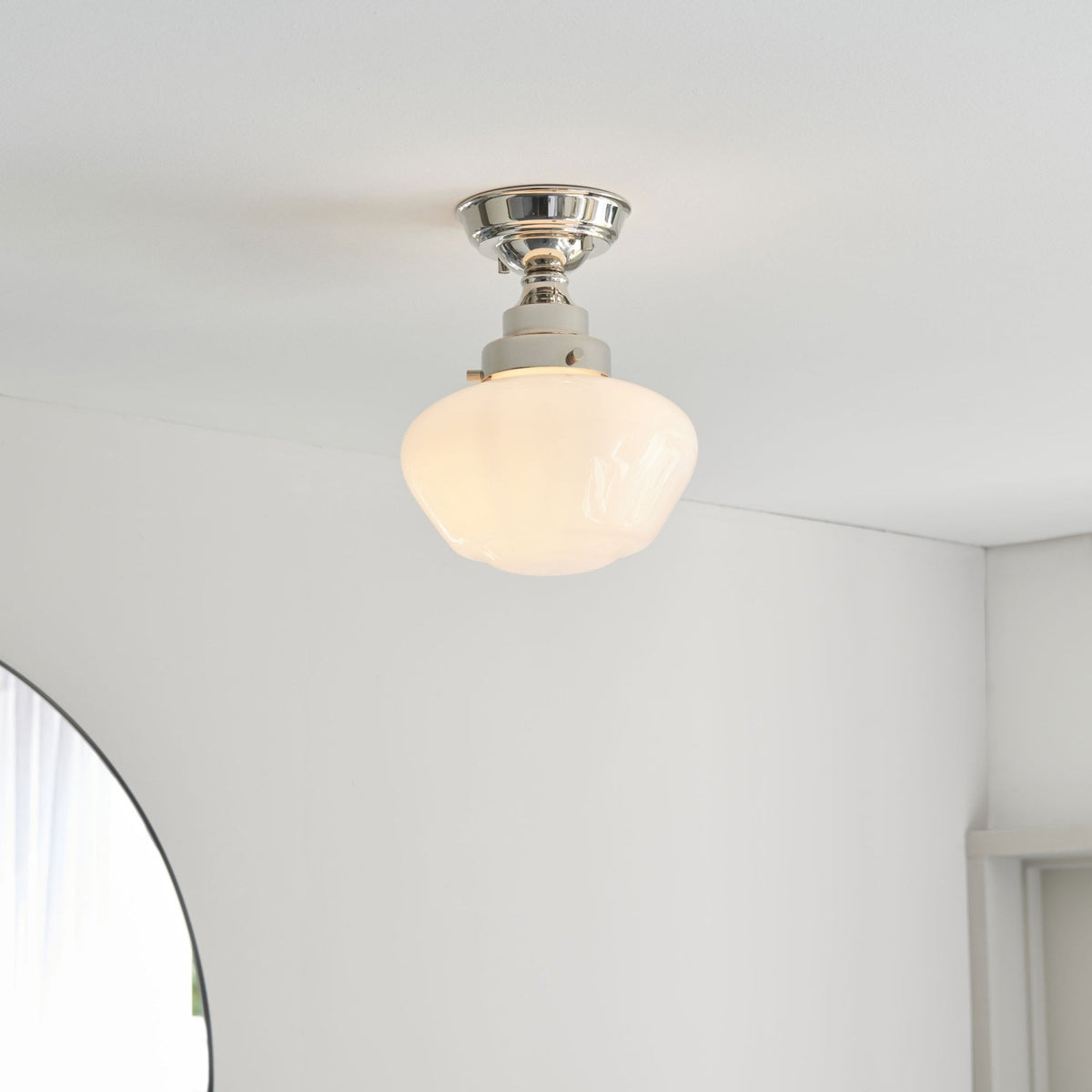 Camberley School House Semi Flush in Polished Nickel & Opal Glass