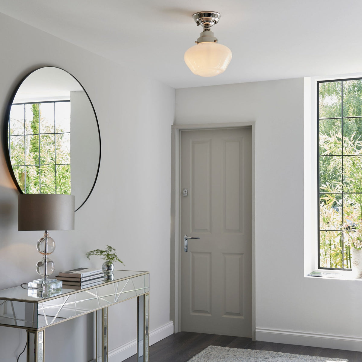 Camberley School House Semi Flush in Polished Nickel & Opal Glass