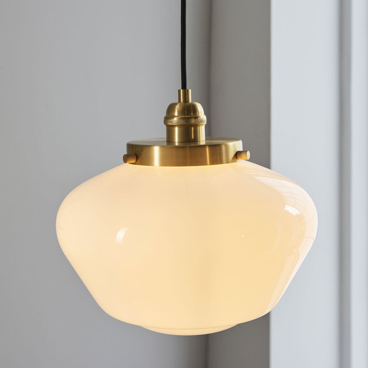 Camberley School House Pendant in Antique Brass & Opal Glass