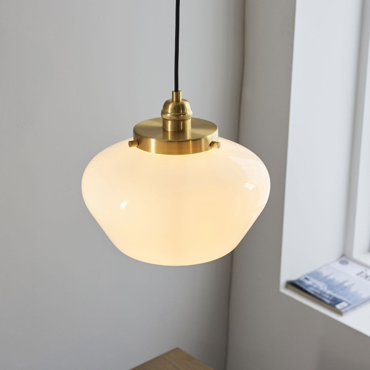 Camberley School House Pendant in Antique Brass & Opal Glass