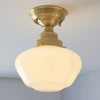 Camberley School House Semi Flush in Antique Brass & Opal Glass