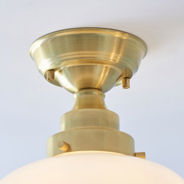 Camberley School House Semi Flush in Antique Brass & Opal Glass