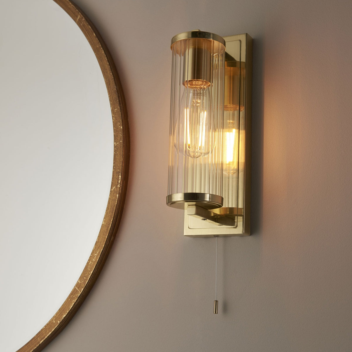 Taylor IP44 Bathroom Wall Light in Satin Brass & Clear Ribbed Glass