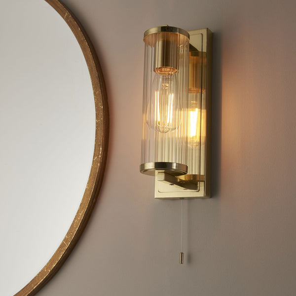 Taylor IP44 Bathroom Wall Light in Satin Brass & Clear Ribbed Glass