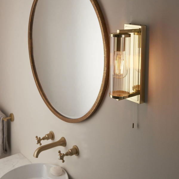 Taylor IP44 Bathroom Wall Light in Satin Brass & Clear Ribbed Glass