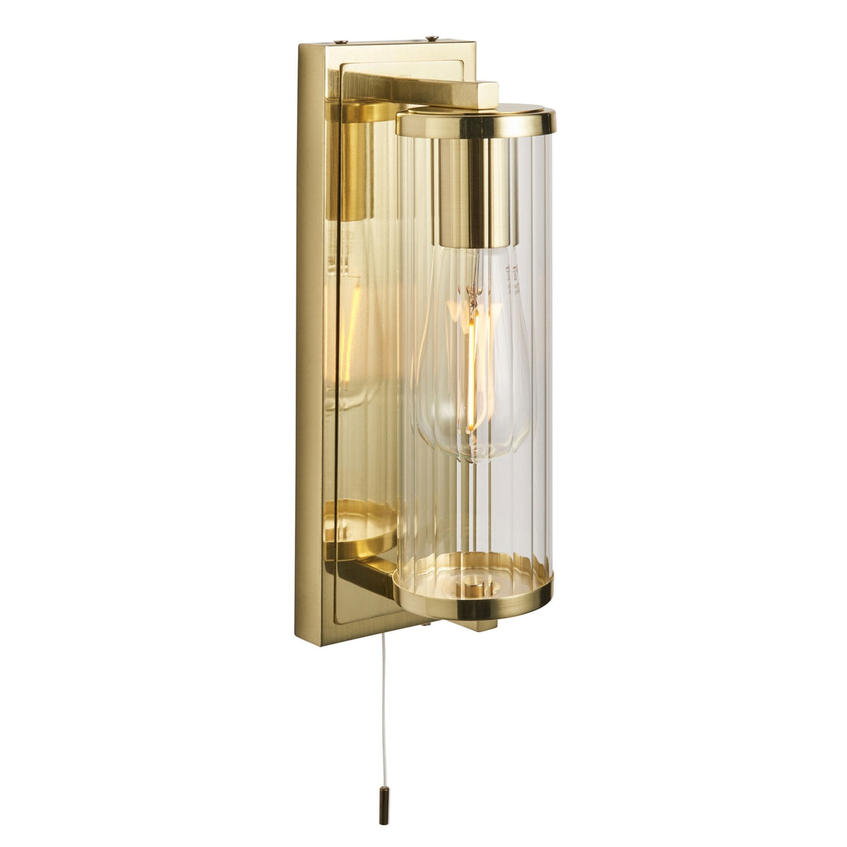 Taylor IP44 Bathroom Wall Light in Satin Brass & Clear Ribbed Glass