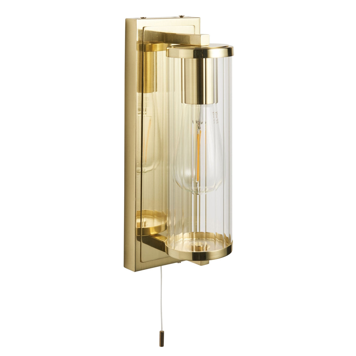 Taylor IP44 Bathroom Wall Light in Satin Brass & Clear Ribbed Glass