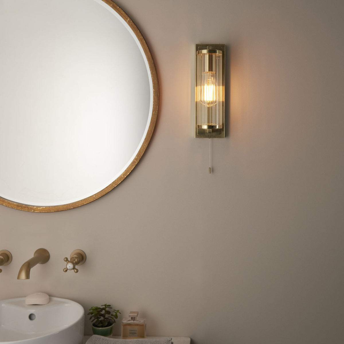 Taylor IP44 Bathroom Wall Light in Satin Brass & Clear Ribbed Glass