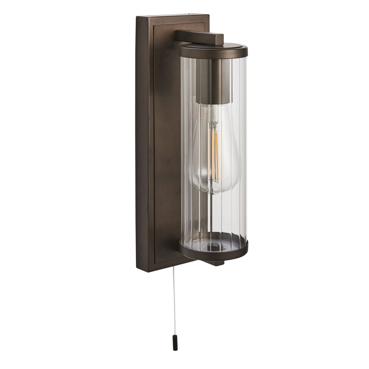 Bronze wall light with a clear ribbed glass shade, exposed filament bulb, and a pull cord switch.