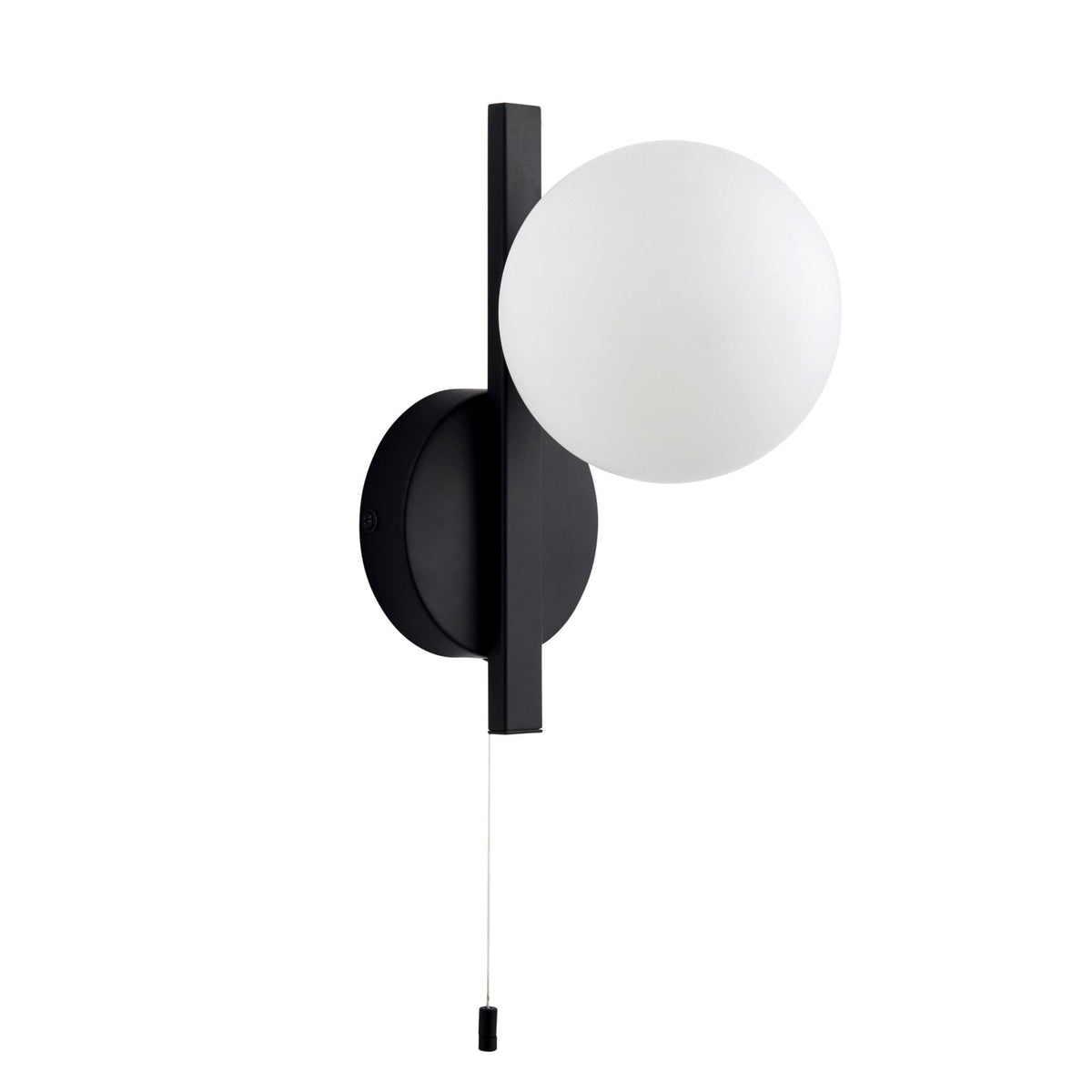Black wall light with a round, white globe shade and a pull cord switch, isolated on a white background.