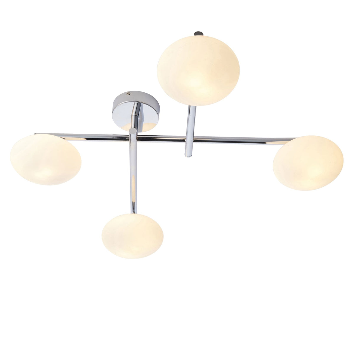 Four-light ceiling fitting with chrome finish and illuminated opal glass shades.