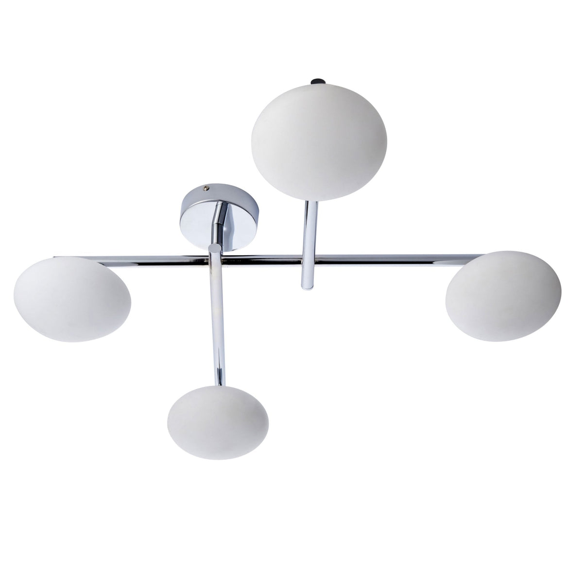 Four-light ceiling fitting with chrome finish and unlit opal glass shades.