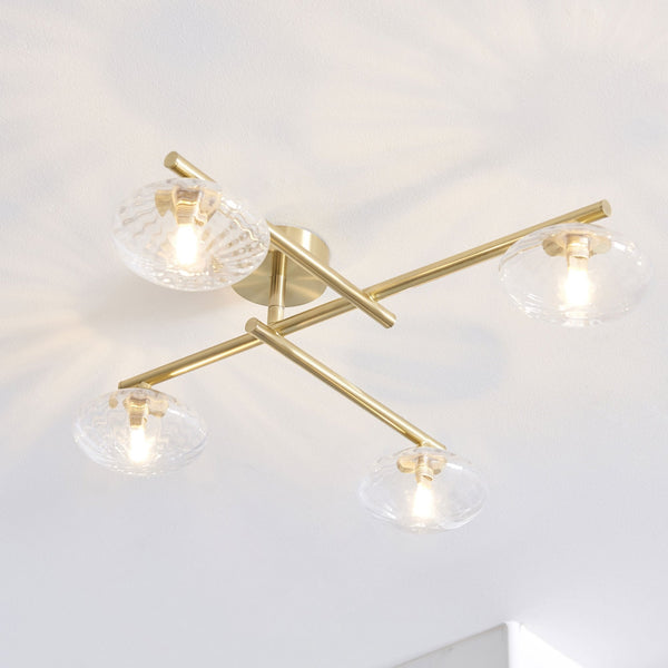 Mobias IP44 Bathroom Ceiling Light in Satin Brass & Clear Ribbed Glass