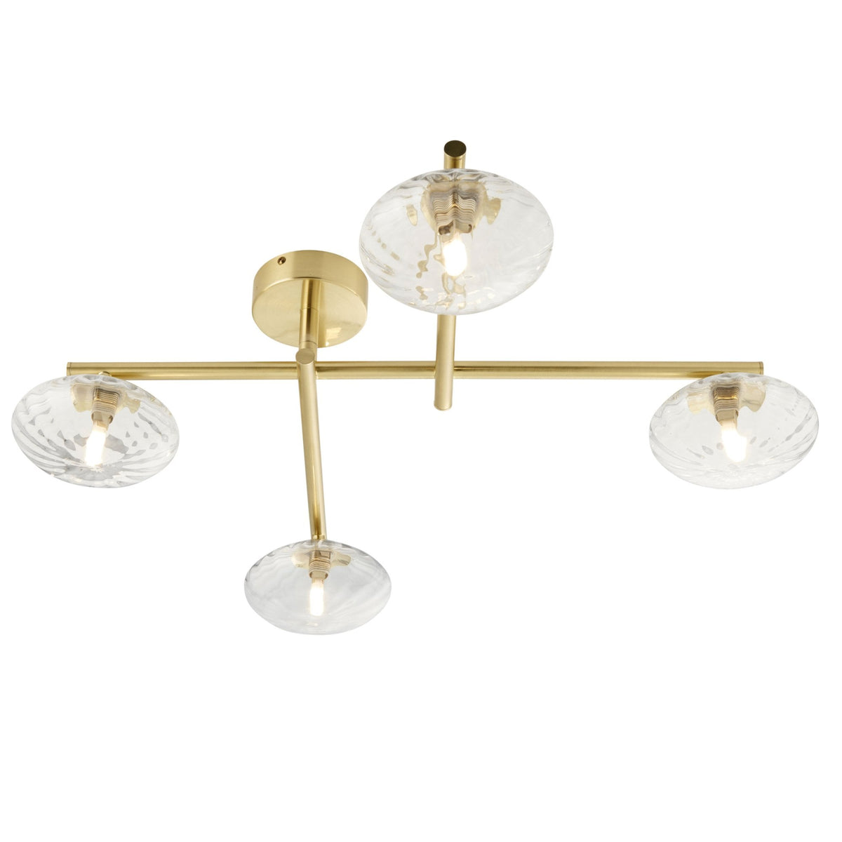 Four-light ceiling fixture with clear glass shades and brass arms on a white background.