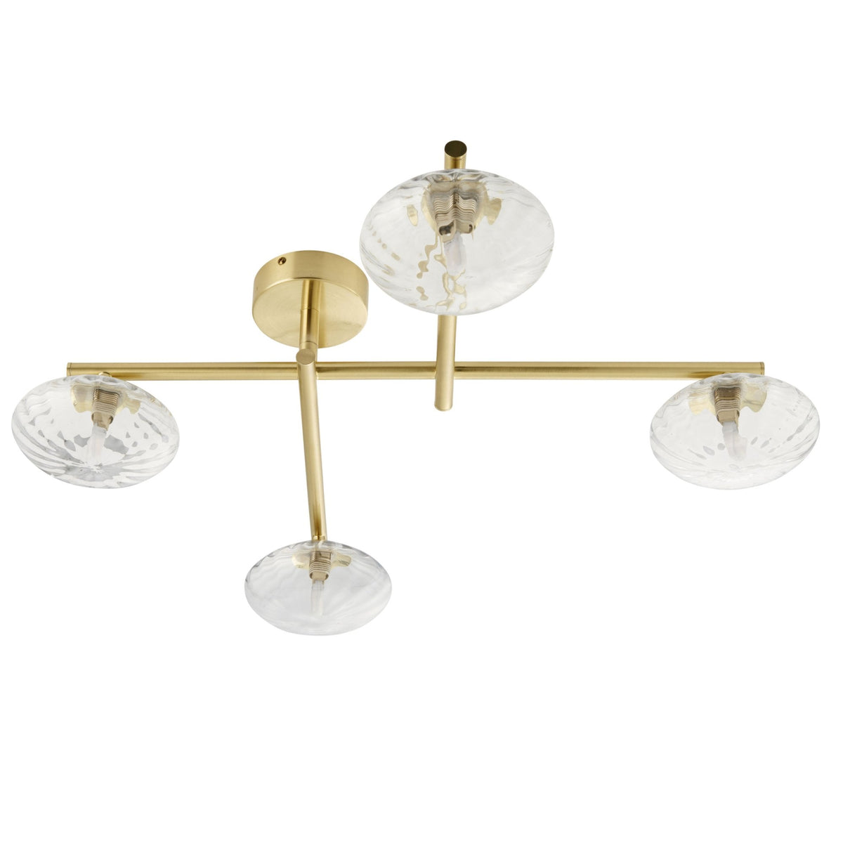 Four-light ceiling fixture with clear glass shades and brass arms on a white background.