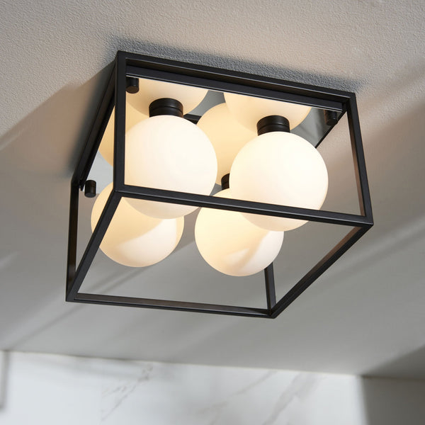 Zona Quad IP44 Bathroom Ceiling Light in Matt Black & Matt Opal Glass