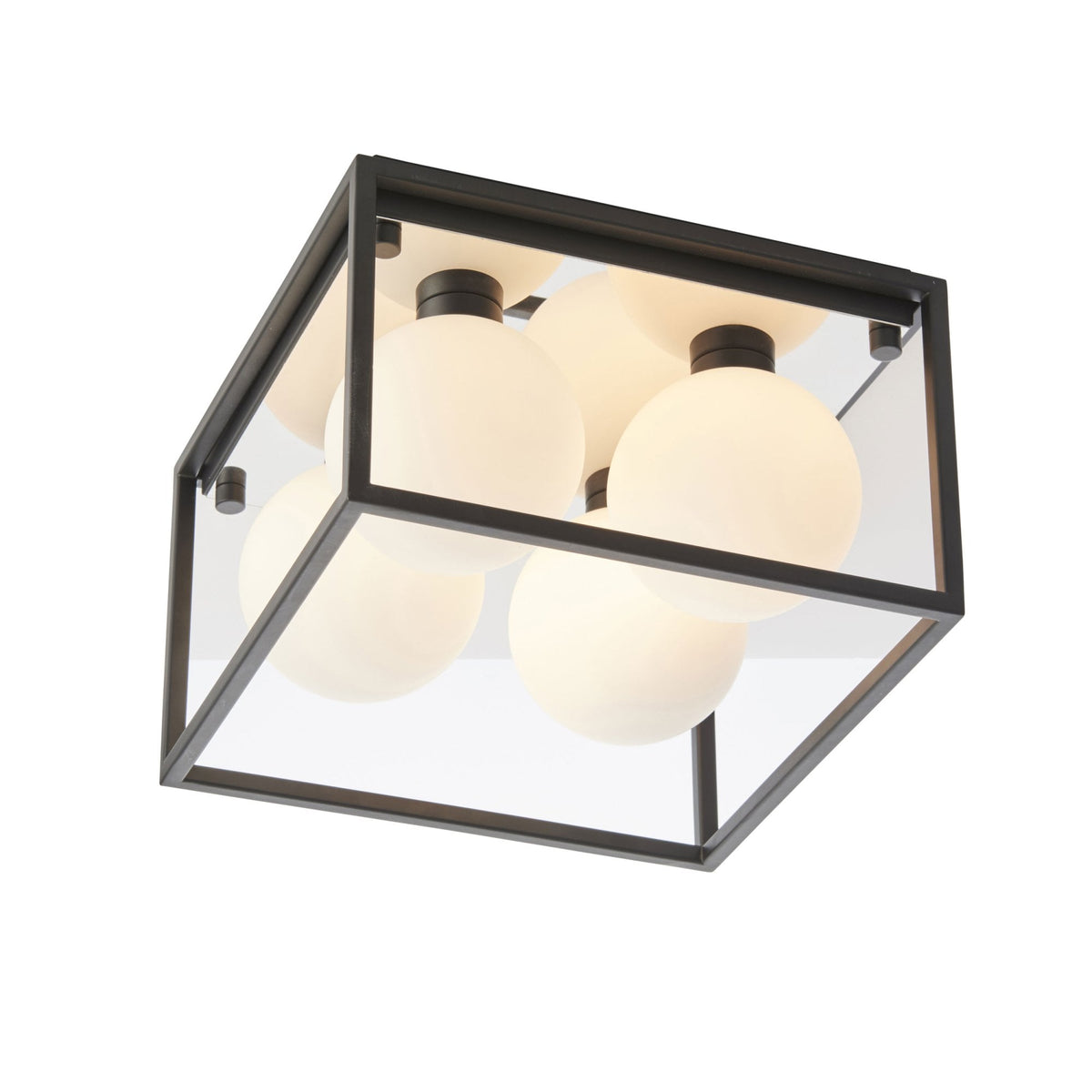 A black square ceiling light with four white globe bulbs, viewed from a slight angle on a white background.