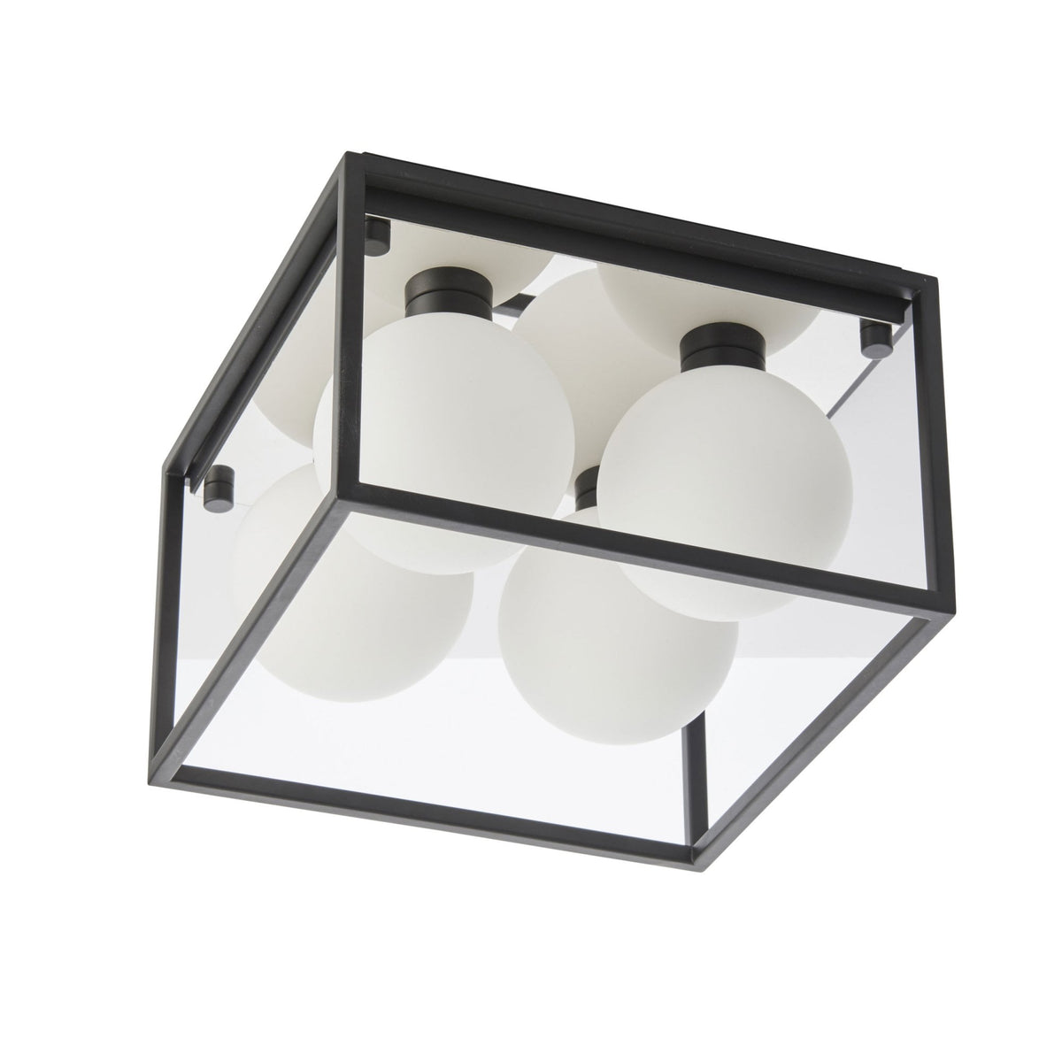 A black square ceiling light with four white globe bulbs, angled on a white background.