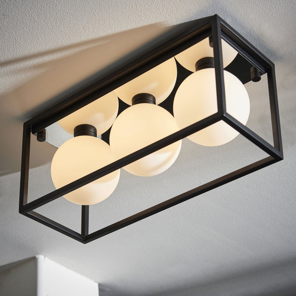 Zona Triple IP44 Bathroom Ceiling Light in Matt Black & Matt Opal Glass