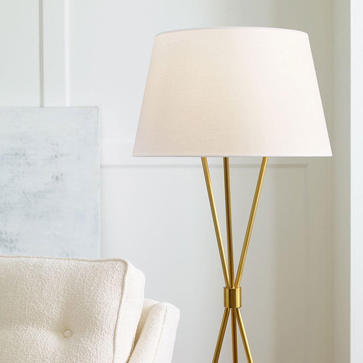 Penny Tripod Floor Lamp in Burnished Brass & White Linen Shade